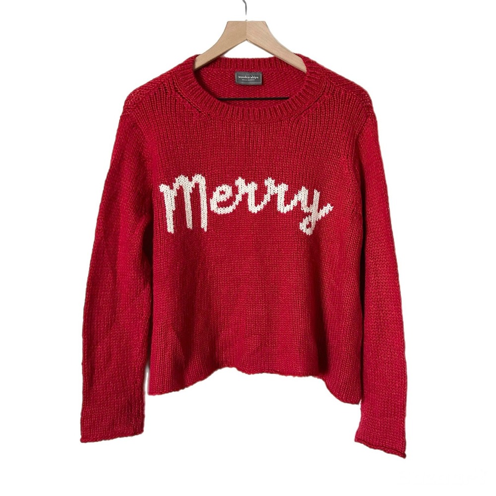 Wooden Ships Sweater Acrylic Mohair Wool Red Merry Knit Holiday Sweater Size XS